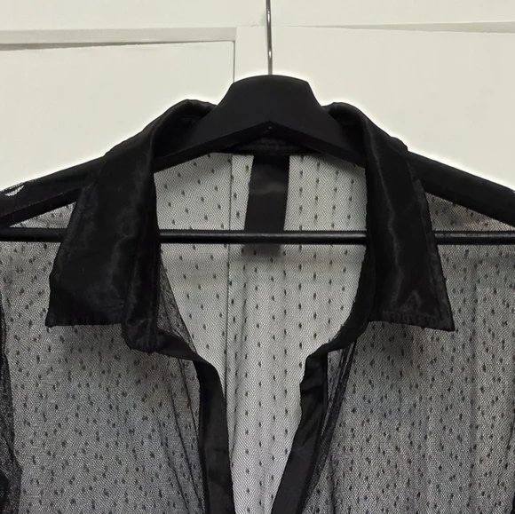 Sheer Black Blouse with Satin Accent Collar Pocket And Cuffs Size Large - Picture 7 of 9